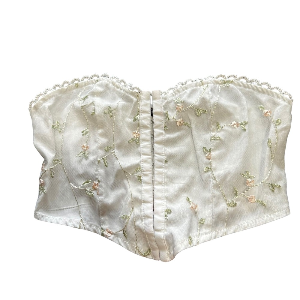 SHEIN Floral Embroidered Corset Top‎ Women Size S White Hook Eye Smocked Back